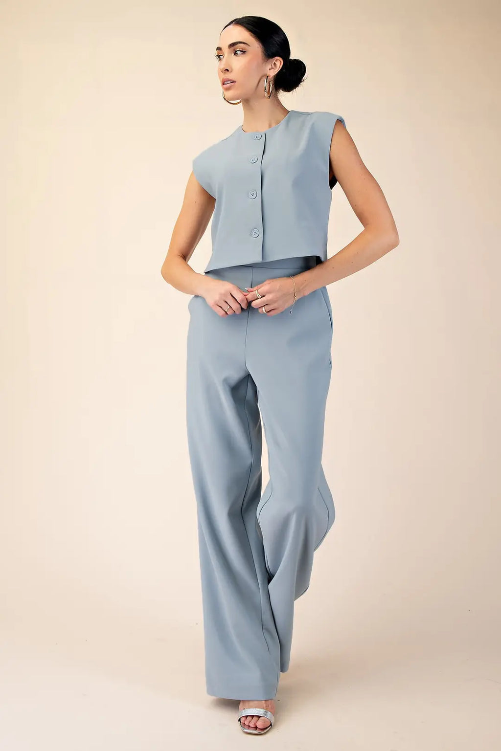 Buttoned Vest Top and High Rise Wide Leg Pants Set