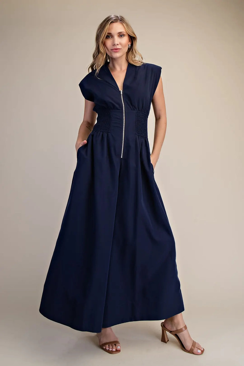 Cap-Sleeve Smoked Front Zip Jumpsuit