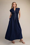Cap-Sleeve Smoked Front Zip Jumpsuit