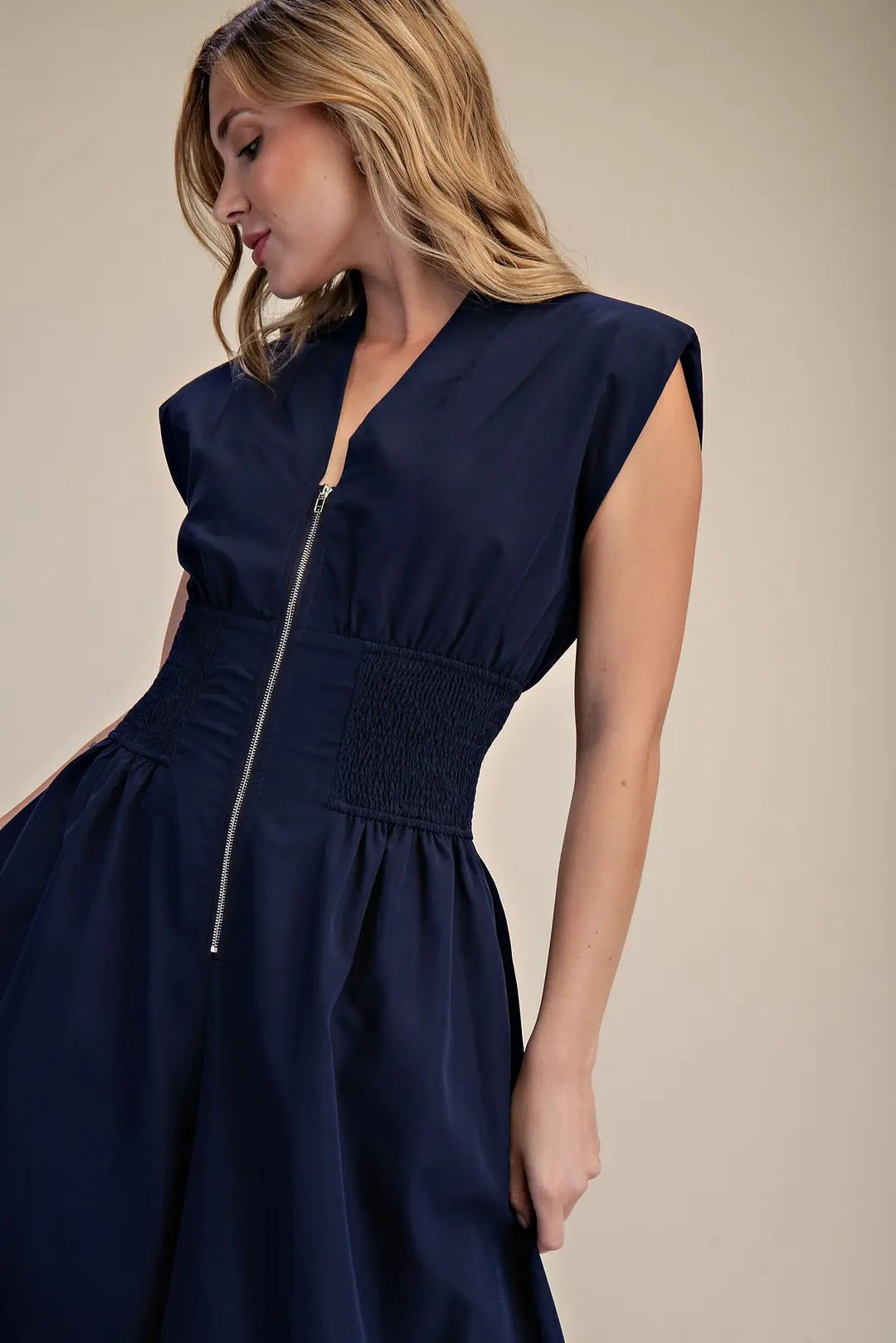 Cap-Sleeve Smoked Front Zip Jumpsuit