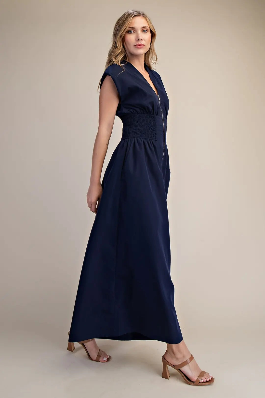 Cap-Sleeve Smoked Front Zip Jumpsuit
