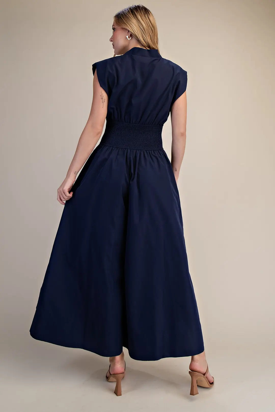 Cap-Sleeve Smoked Front Zip Jumpsuit