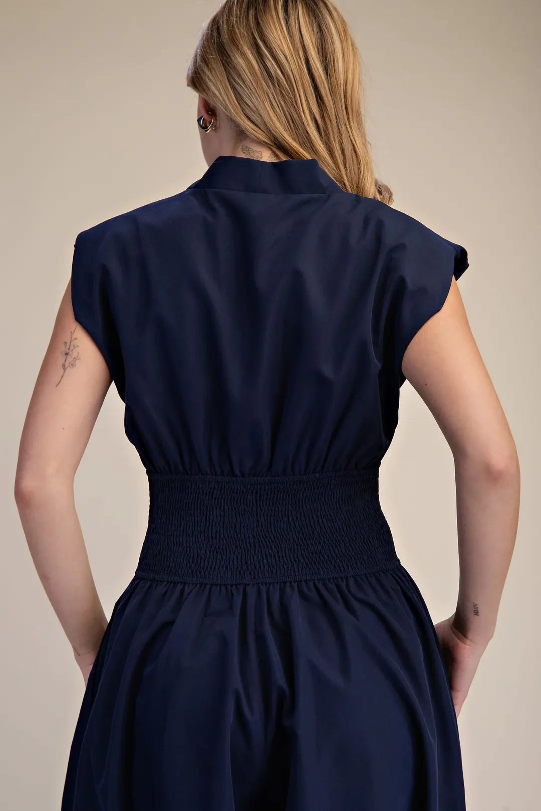 Cap-Sleeve Smoked Front Zip Jumpsuit