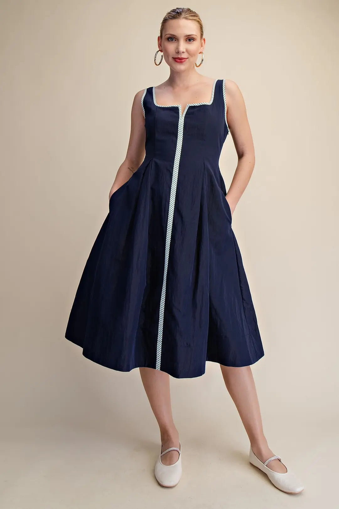 Square Neck Sleeveless Waist Midi Dress