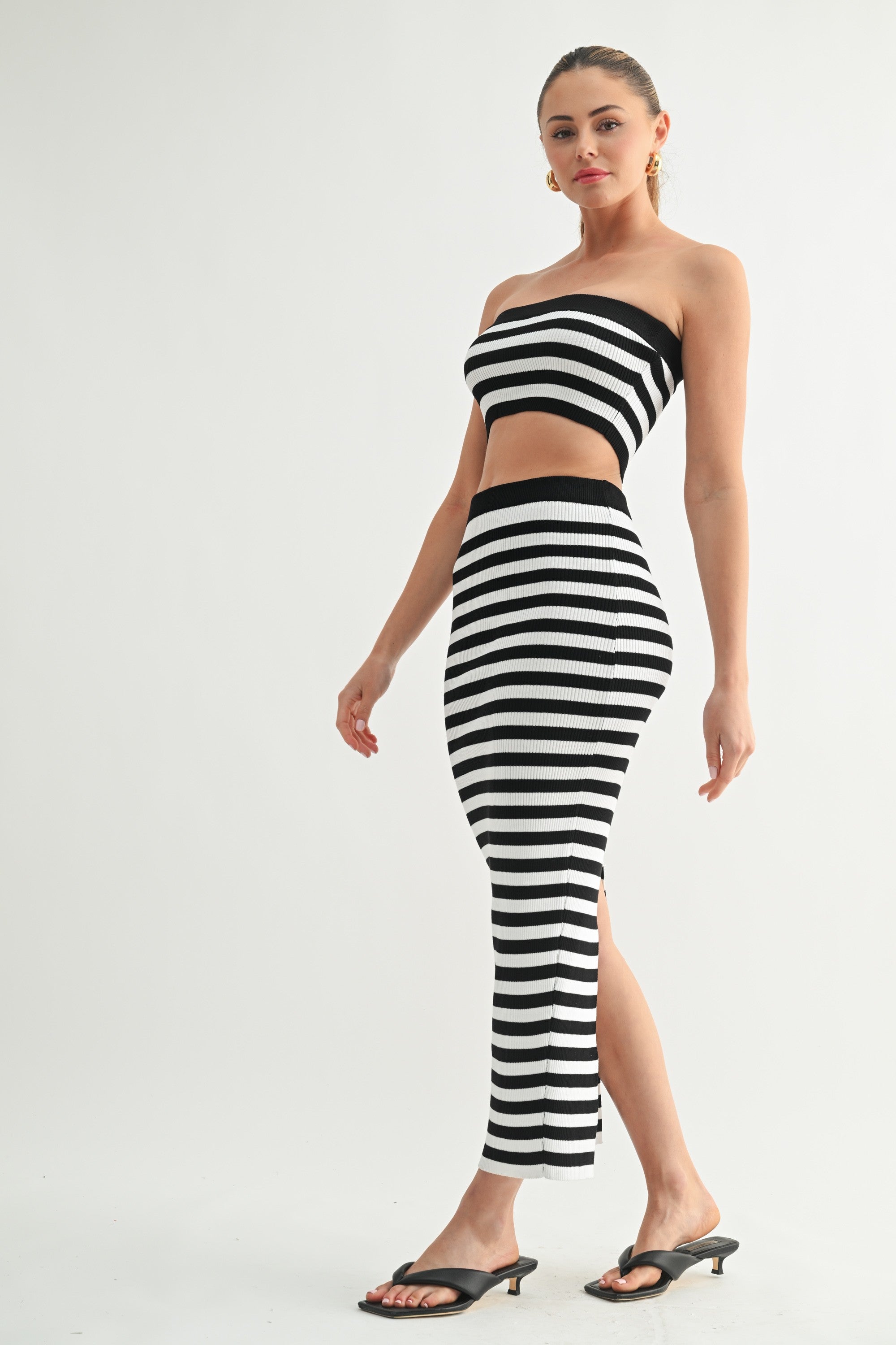 Striped Knit Tube Top & Midi Skirt Dress