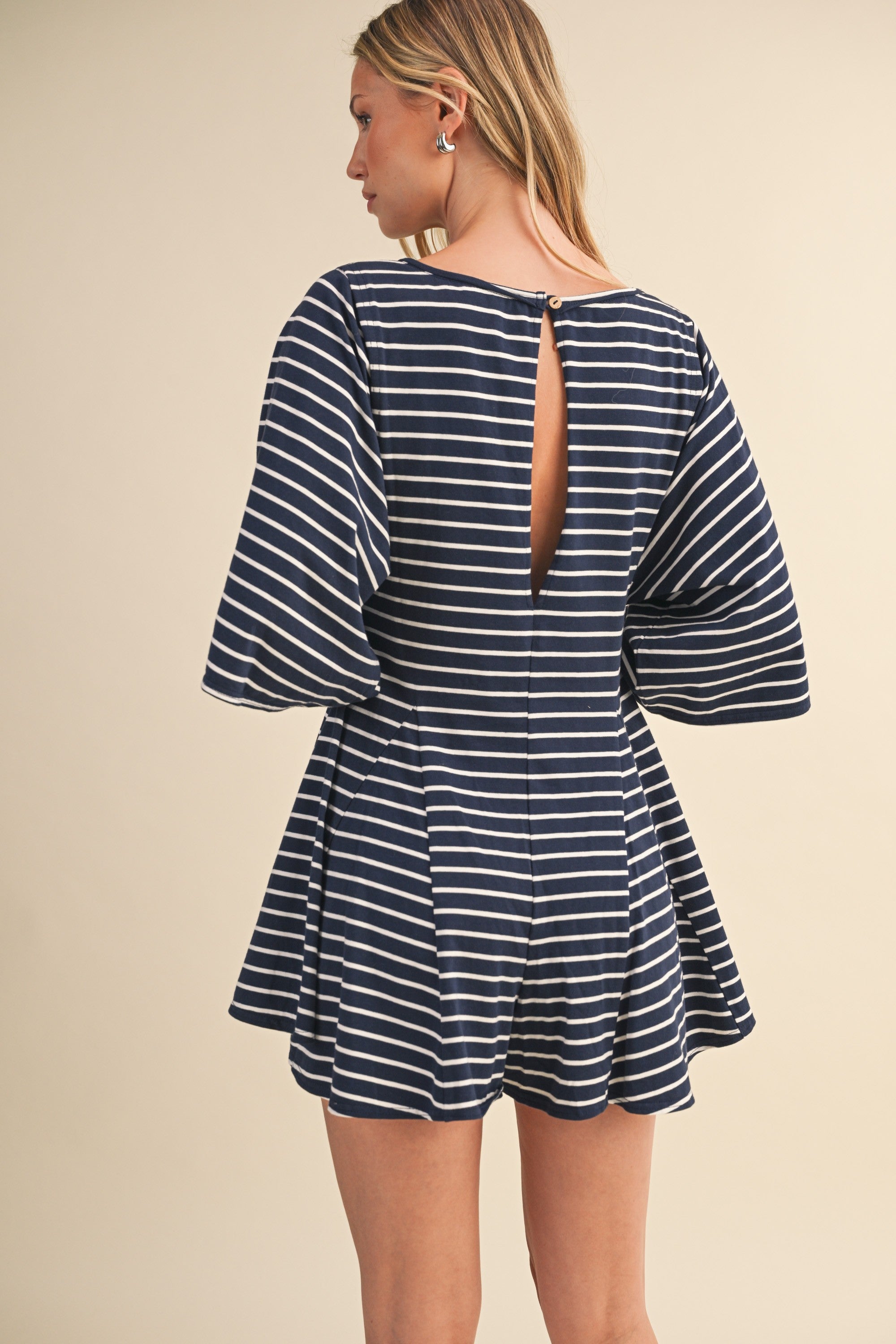 Striped Front Pocket Godet Flowy Romper