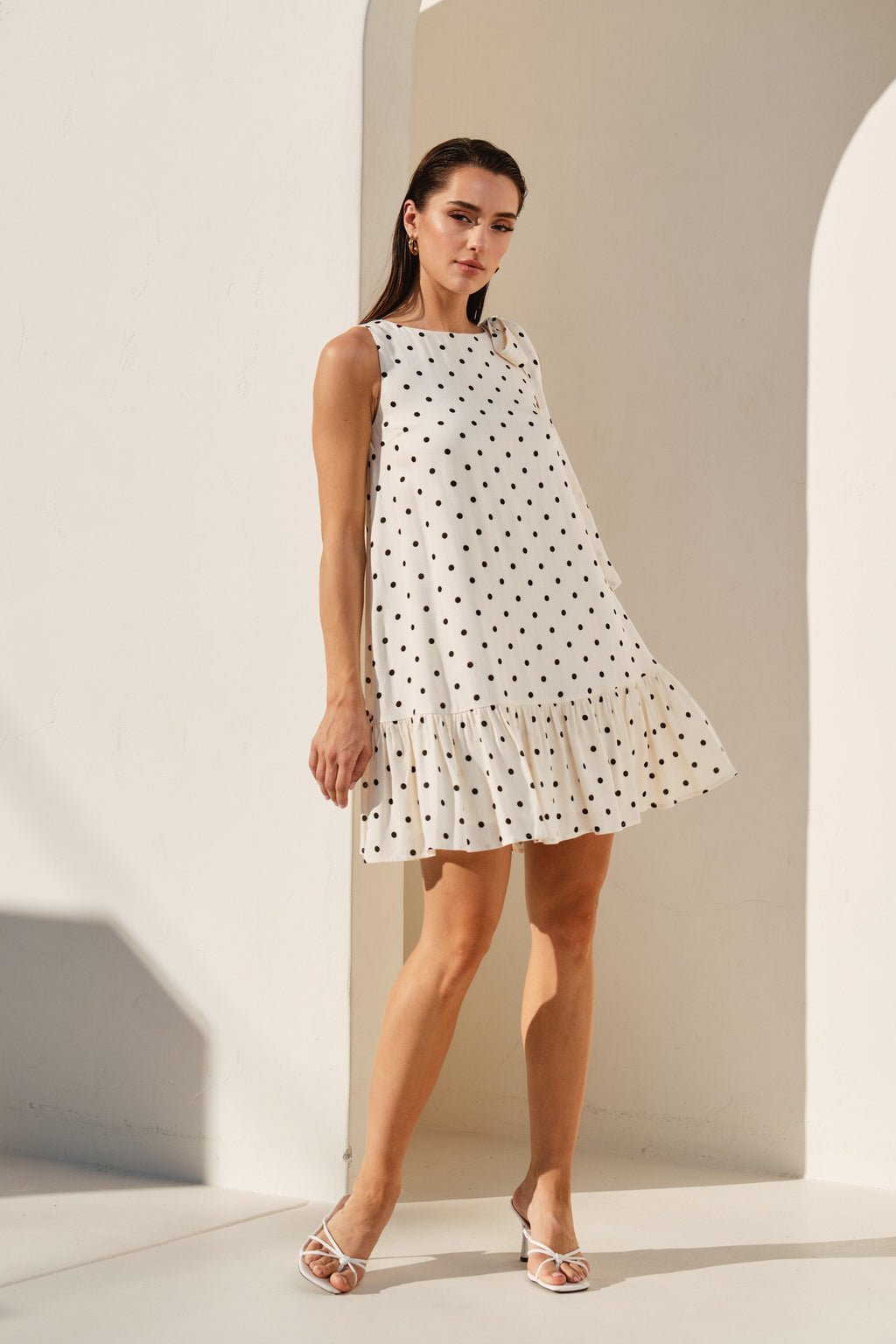 Polka Dot Bow Shoulder Ruffle Mini Dress