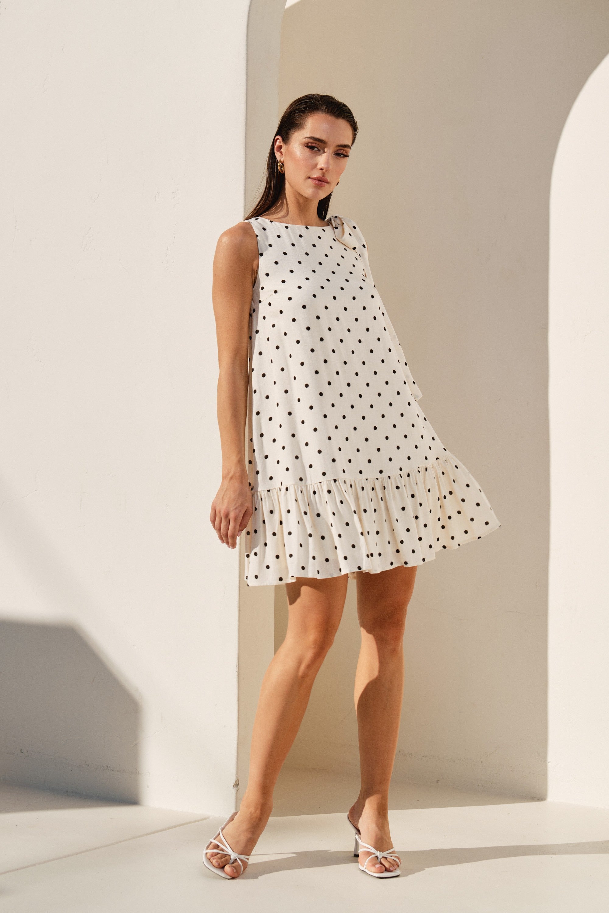 Polka Dot Bow Shoulder Ruffle Mini Dress