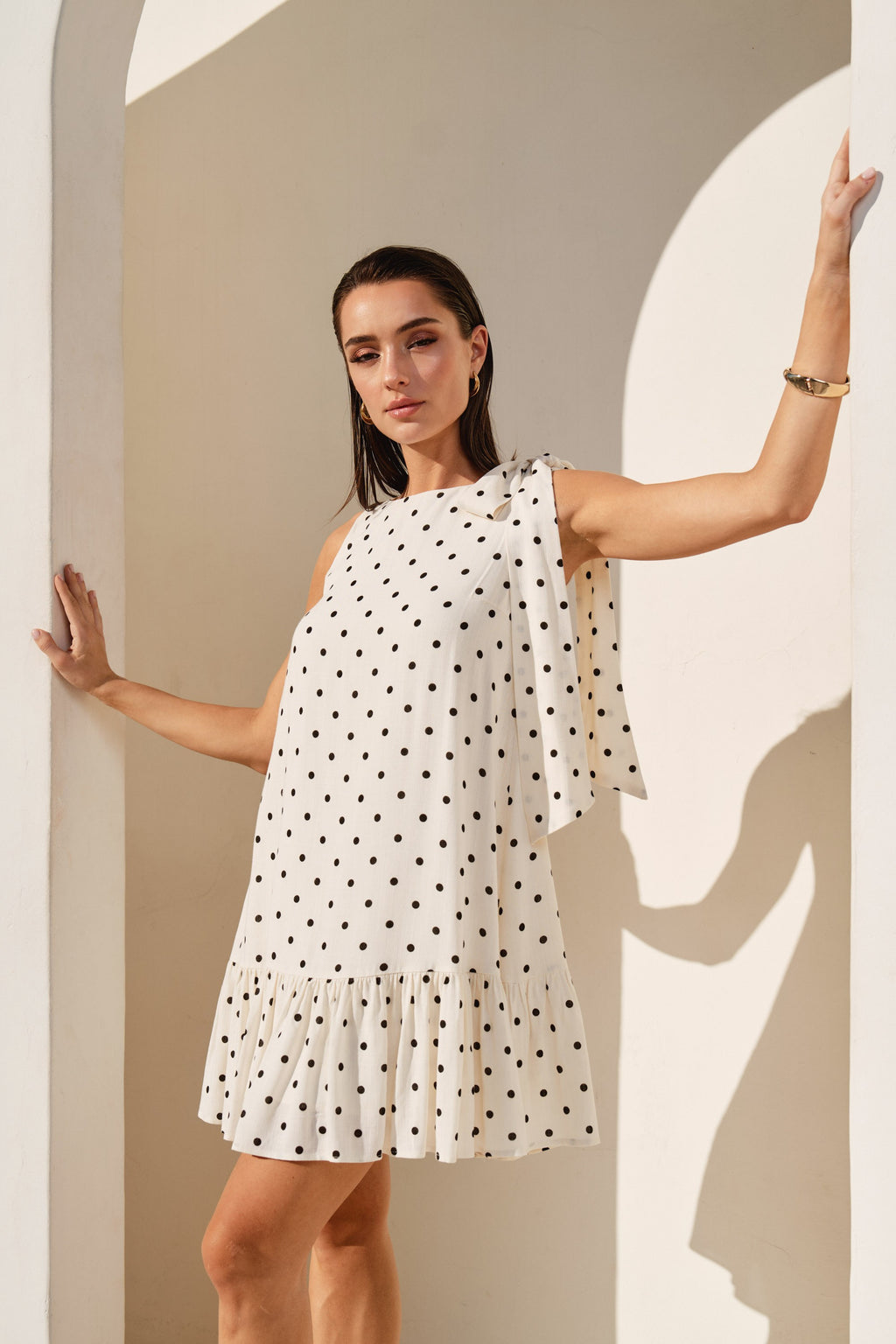 Polka Dot Bow Shoulder Ruffle Mini Dress