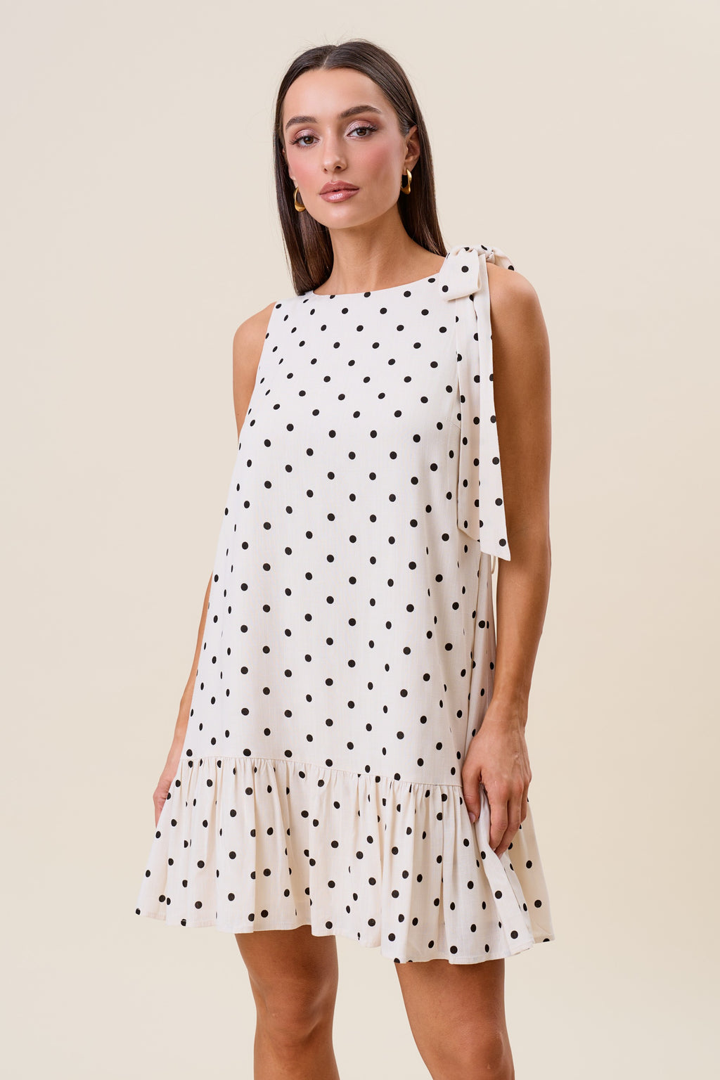 Polka Dot Bow Shoulder Ruffle Mini Dress