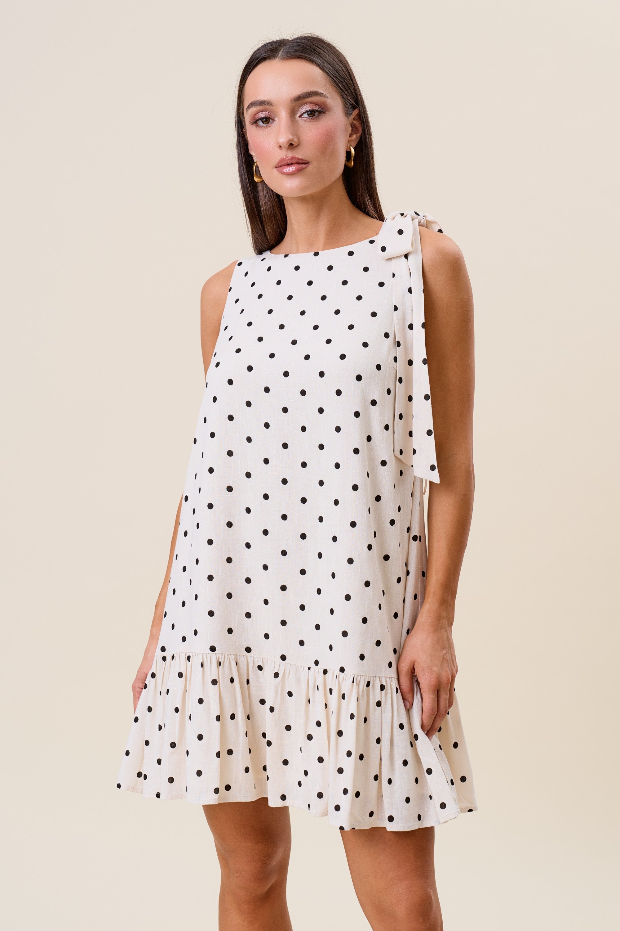 Polka Dot Bow Shoulder Ruffle Mini Dress