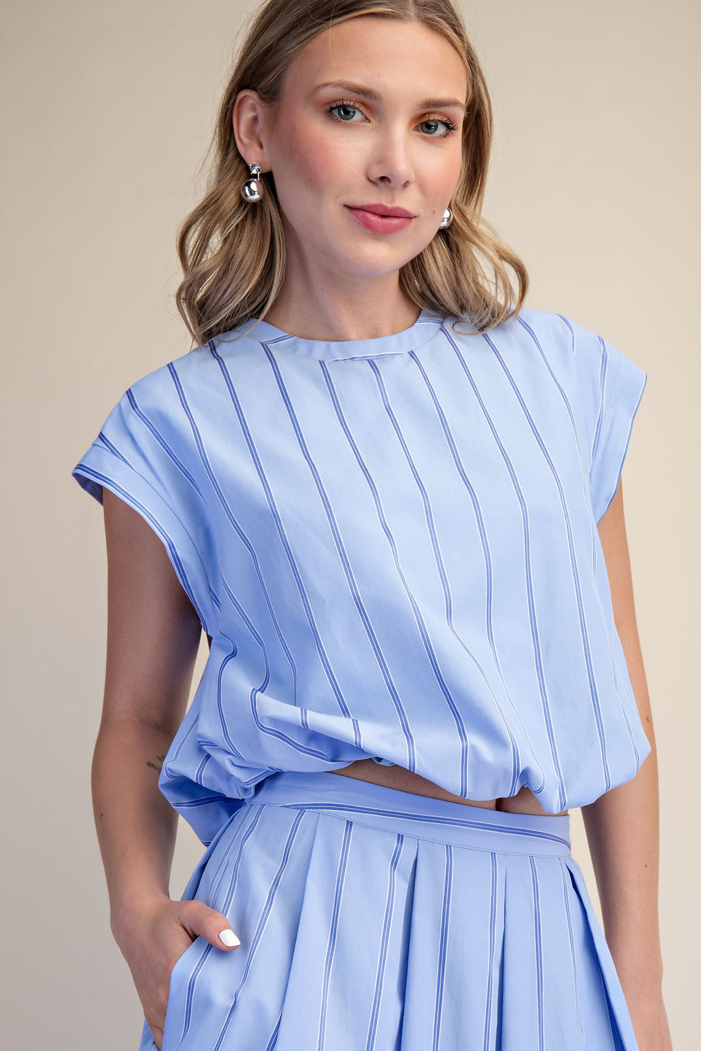 Round Neck  Bubble Hem Stripe Crop Top