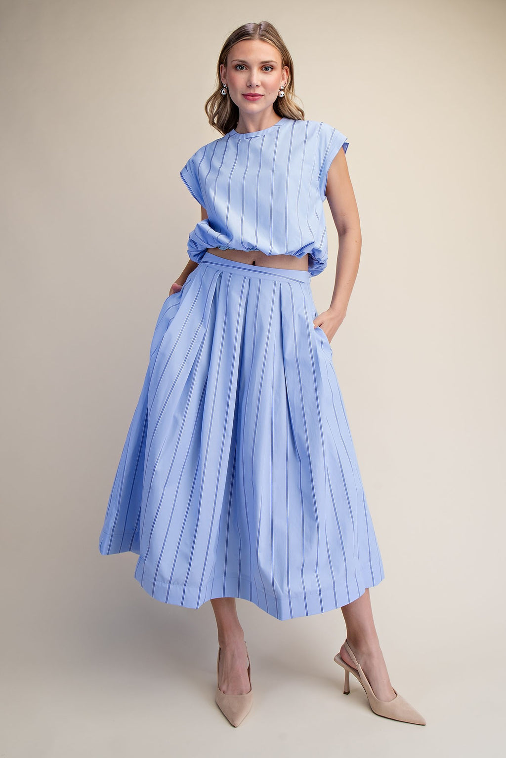Round Neck  Bubble Hem Stripe Crop Top