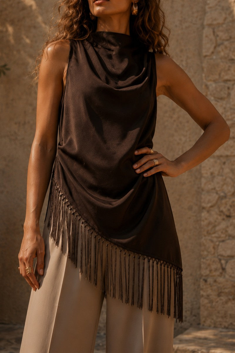 Satin Fringed Sleeveless Tank Top