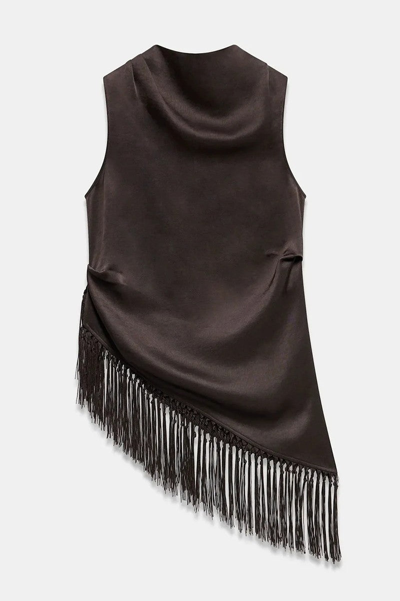 Satin Fringed Sleeveless Tank Top