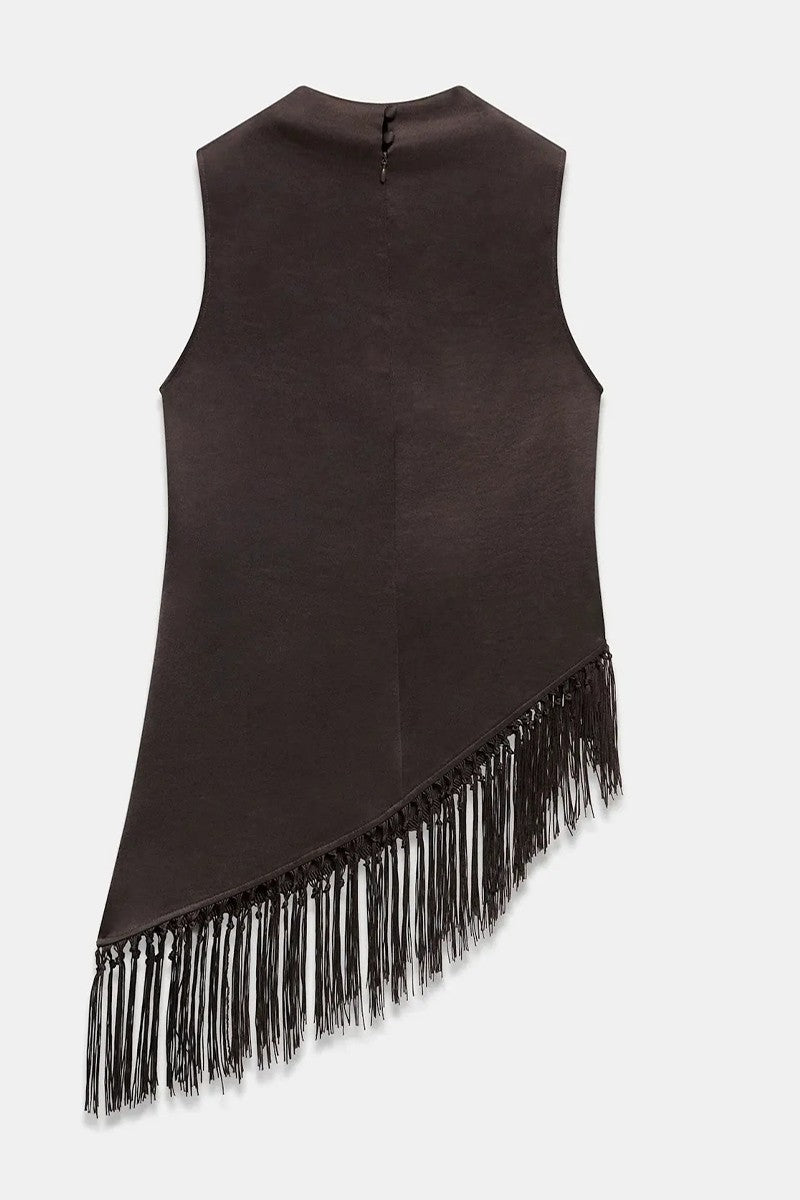 Satin Fringed Sleeveless Tank Top