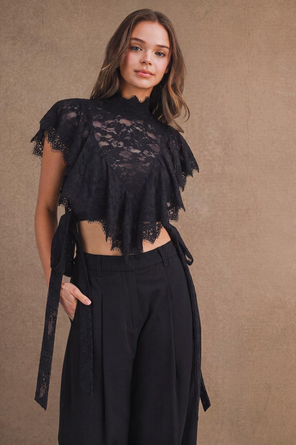 Sheer Floral Lace Cropped Blouse