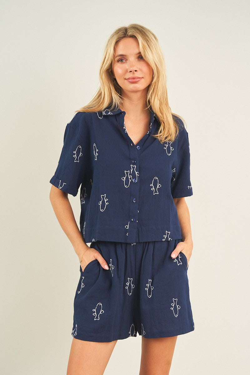Fish Embroidery Shirt and Shorts Set