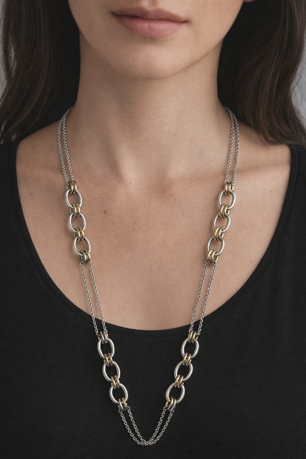 Three hoops \ two tones long necklace
