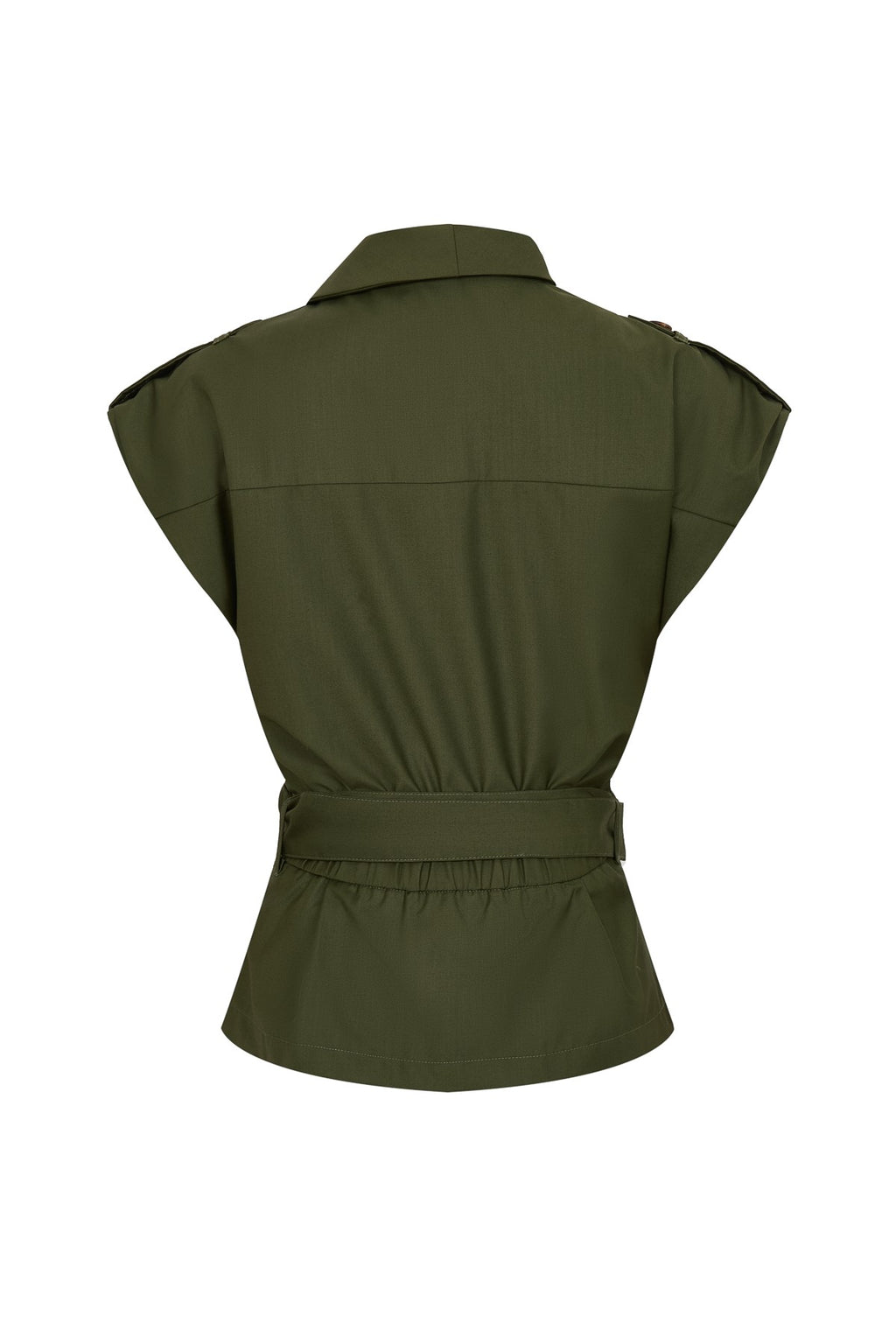 Sleeveless belted top with wide-leg draped pants