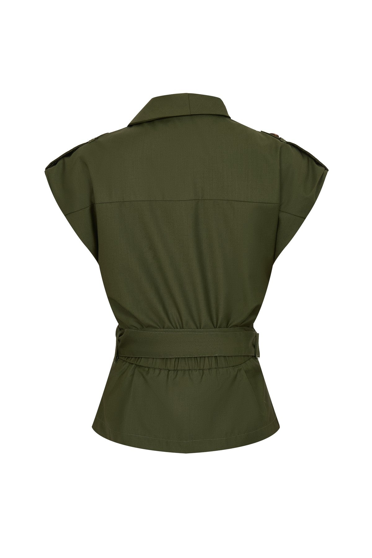 Sleeveless belted top with wide-leg draped pants