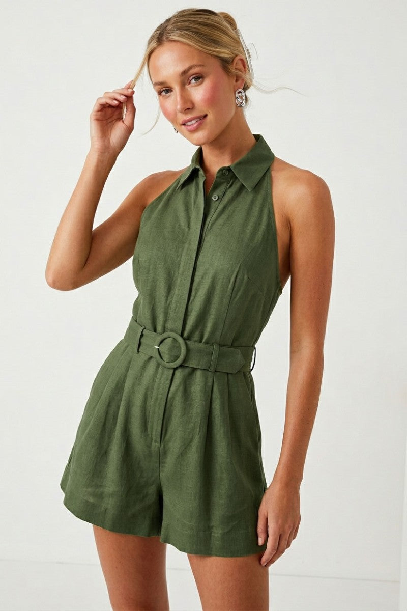 Belted Linen Halter Romper