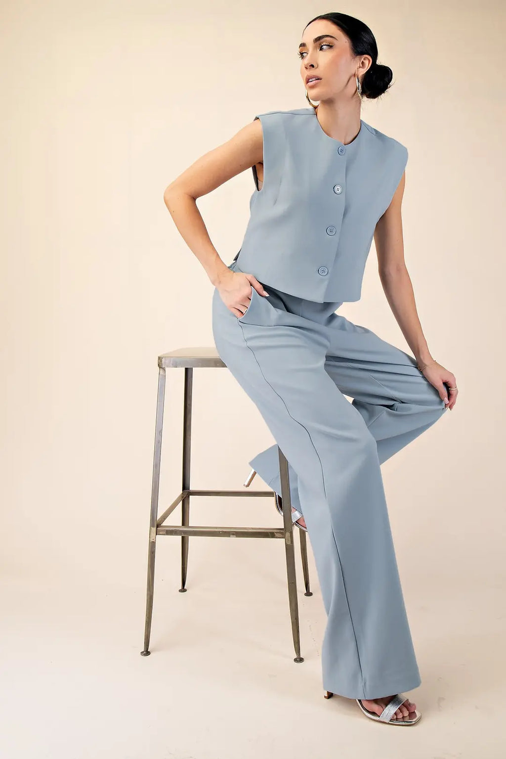 Buttoned Vest Top and High Rise Wide Leg Pants Set