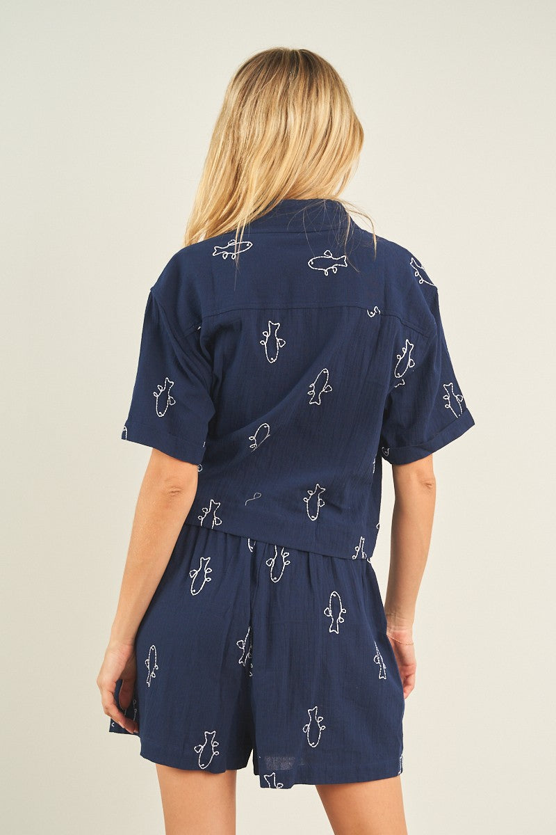 Fish Embroidery Shirt and Shorts Set