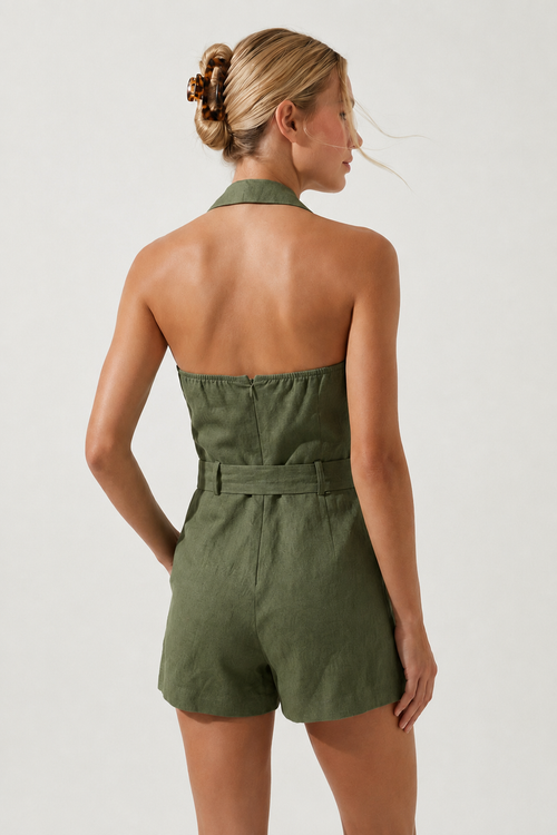 Belted Linen Halter Romper