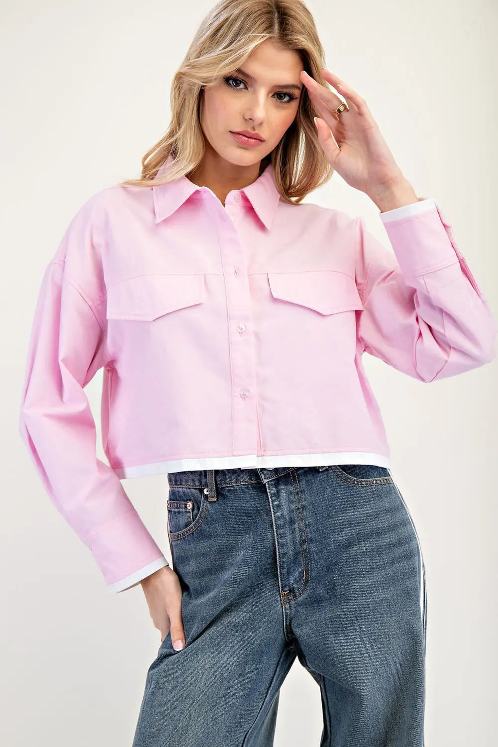 Cropped Button Down Shirt with a Collared Neckline Pink