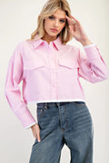 Cropped Button Down Shirt with a Collared Neckline Pink