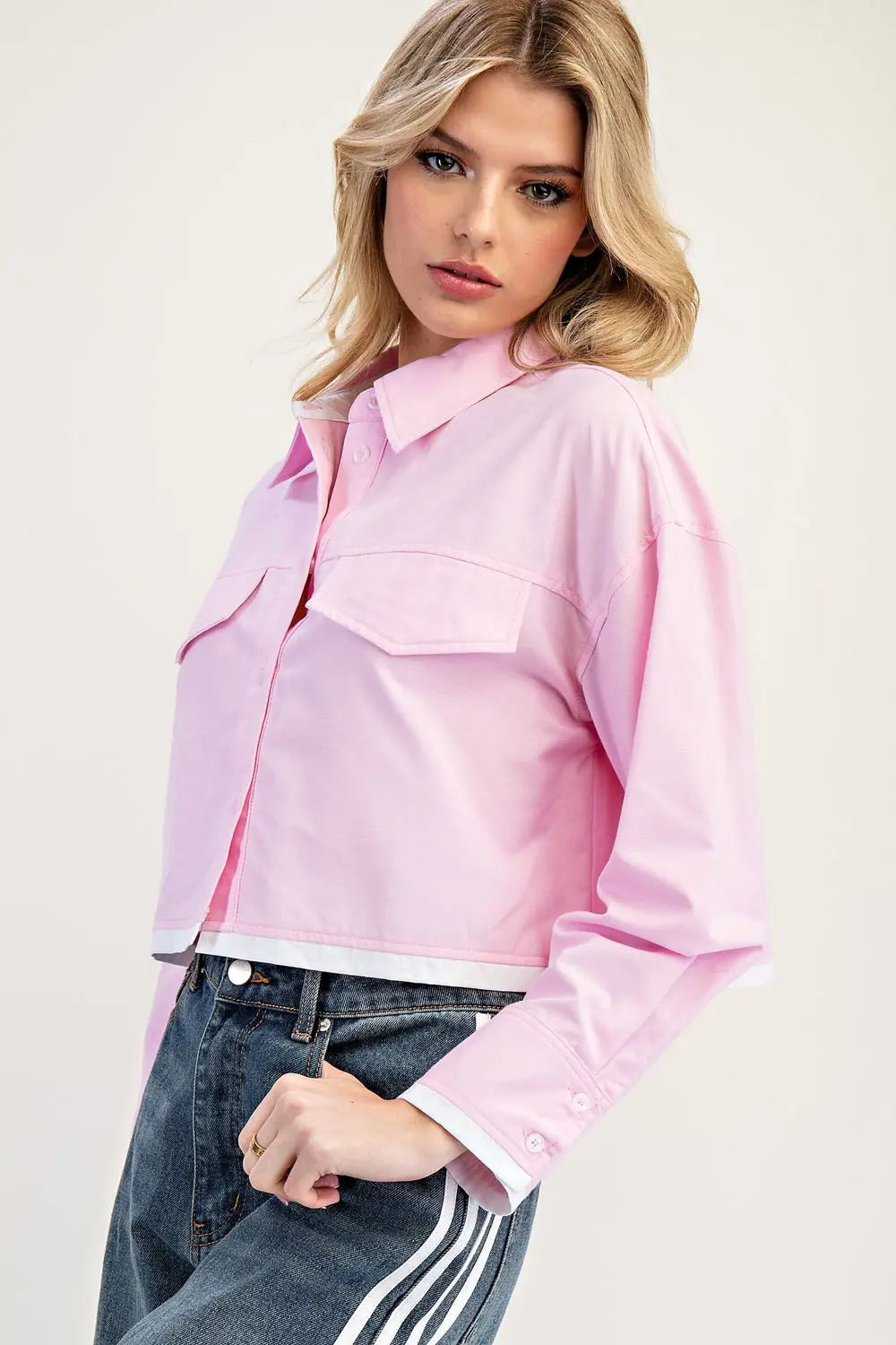 Cropped Button Down Shirt with a Collared Neckline Pink