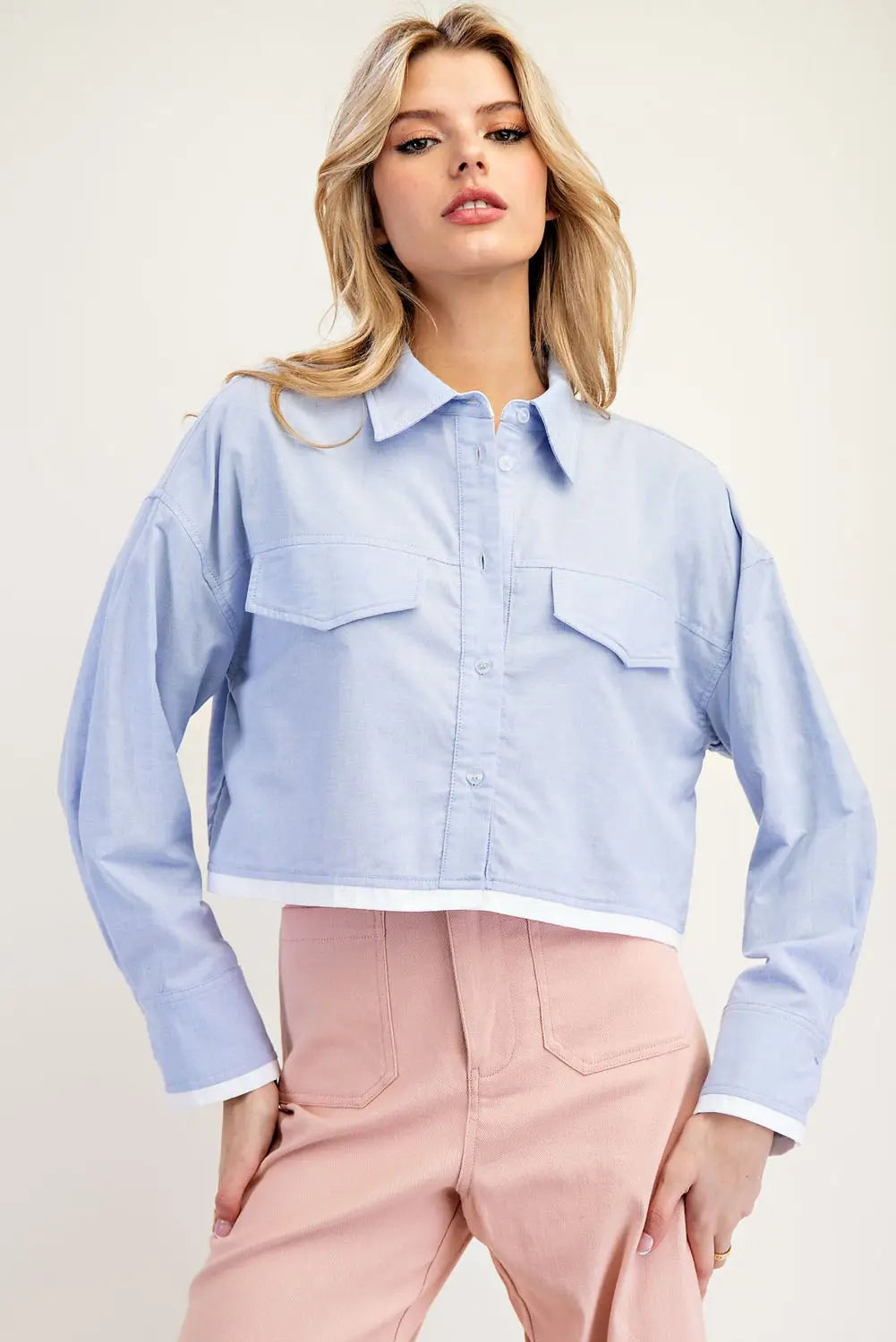 Cropped Button Down Shirt with a Collared Neckline Blue