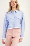 Cropped Button Down Shirt with a Collared Neckline Blue