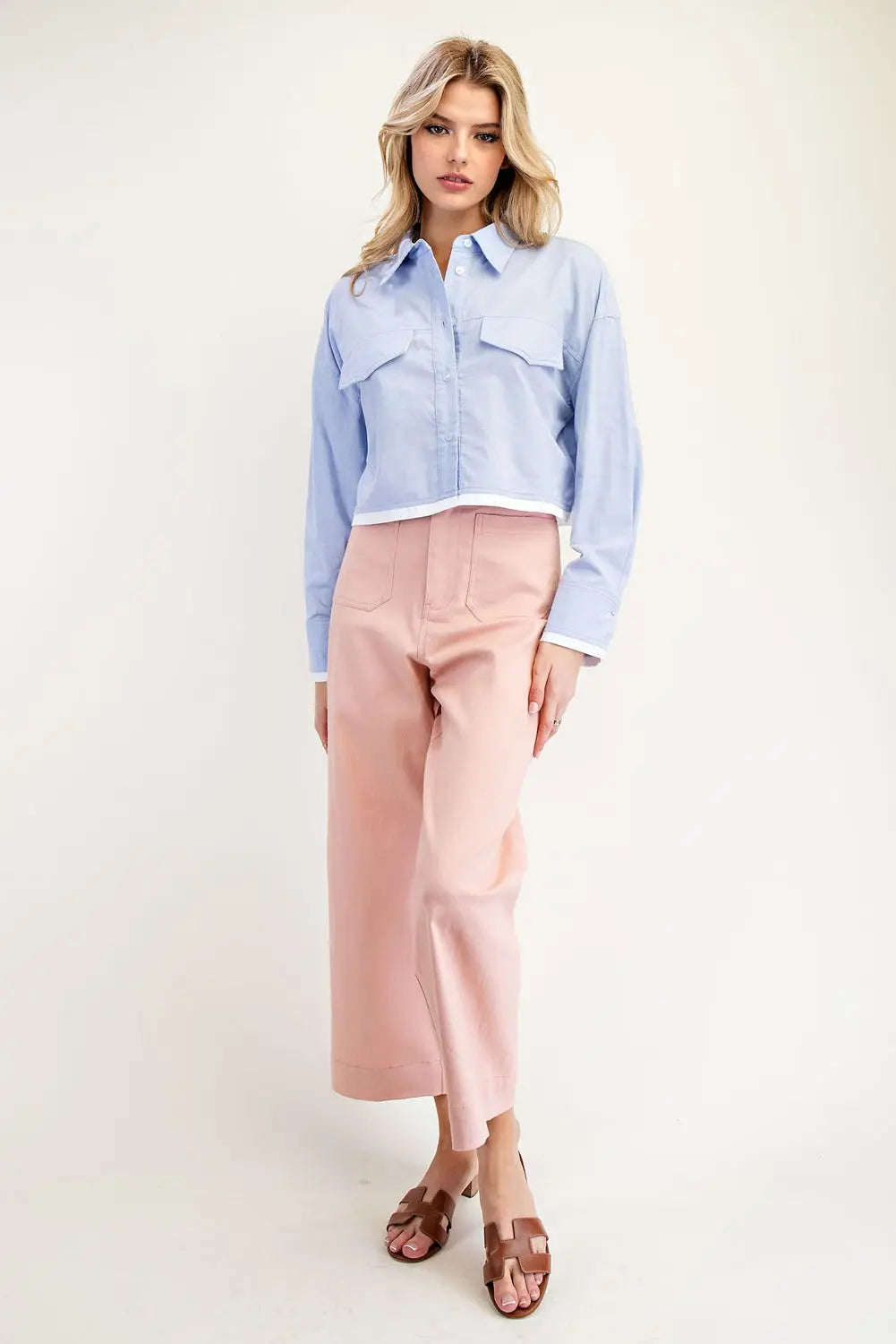 Cropped Button Down Shirt with a Collared Neckline Blue
