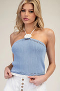 Healter Knit Top with Contrast Trim Blue