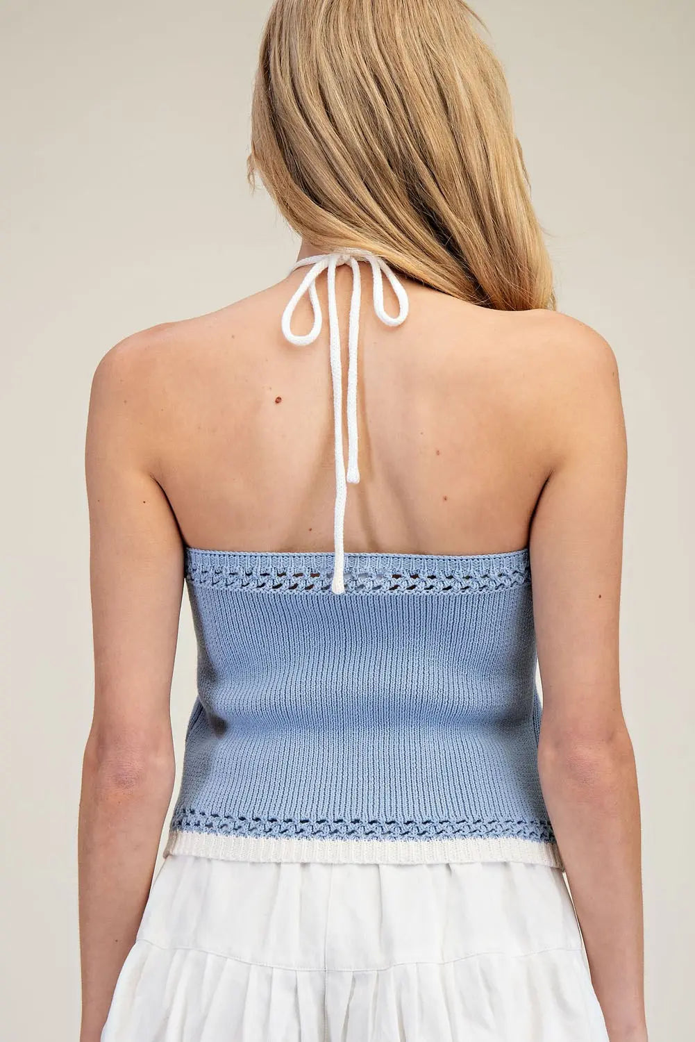 Healter Knit Top with Contrast Trim Blue