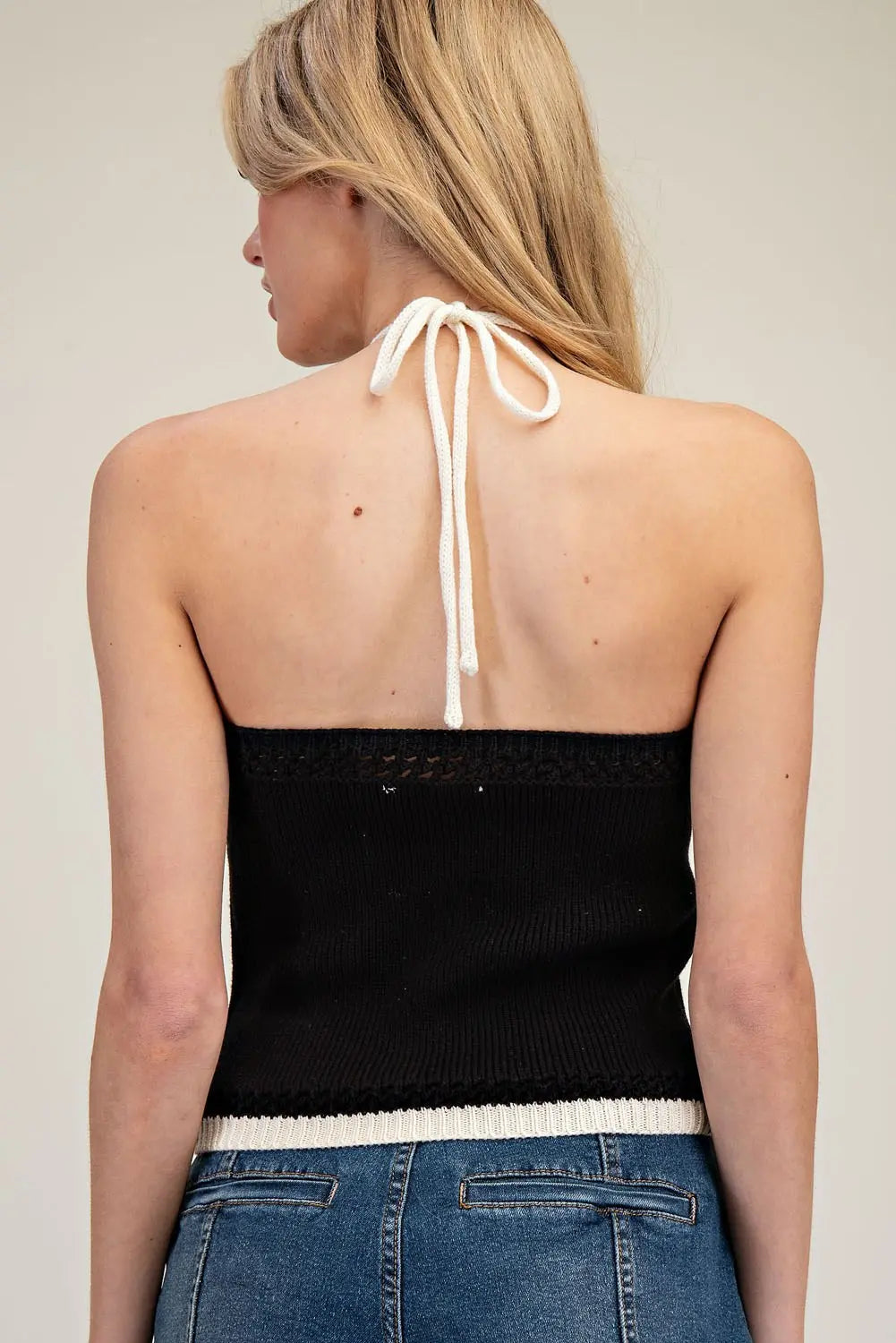 Healter Knit Top with Contrast Trim Black