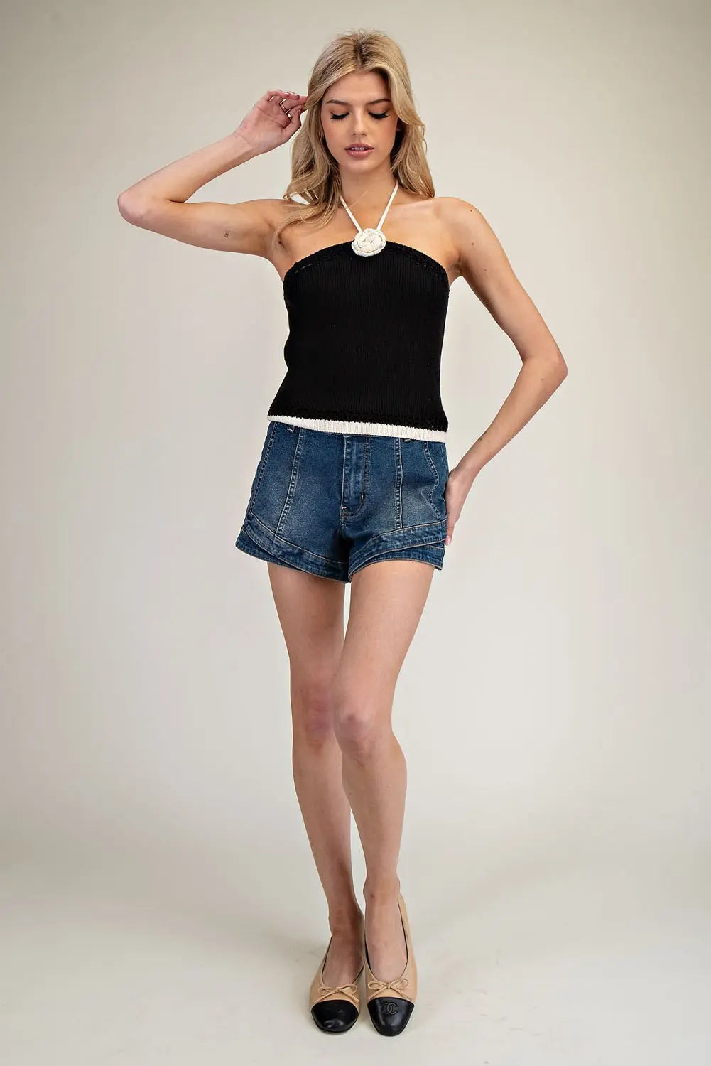Healter Knit Top with Contrast Trim Black