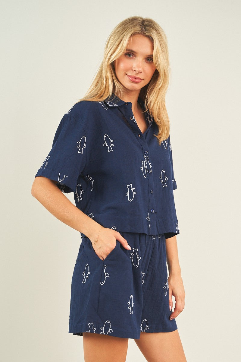 Fish Embroidery Shirt and Shorts Set