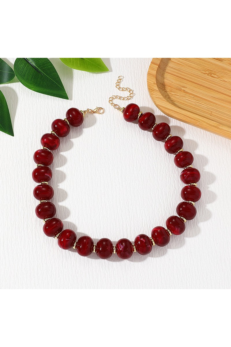 Boho Oval Resin Bead Necklace Dark Red