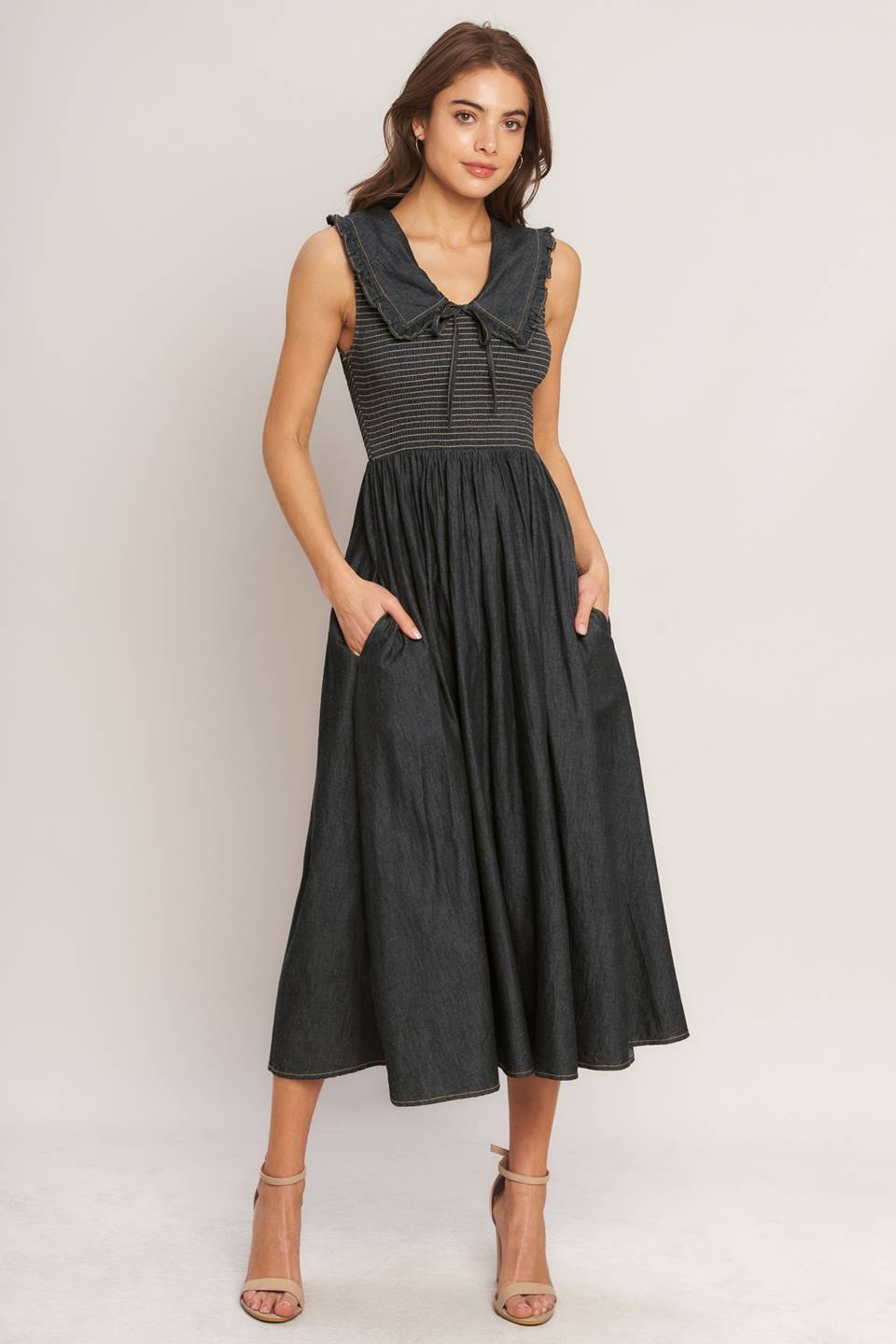 Sleveless Midi Dress with a Striped Fitted Bodice