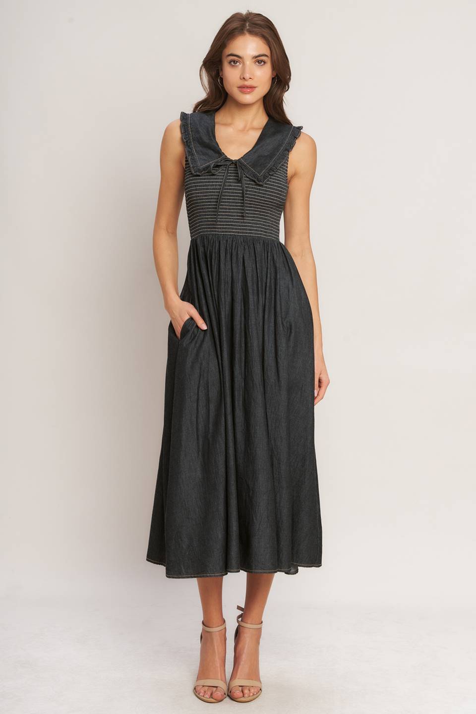 Sleveless Midi Dress with a Striped Fitted Bodice