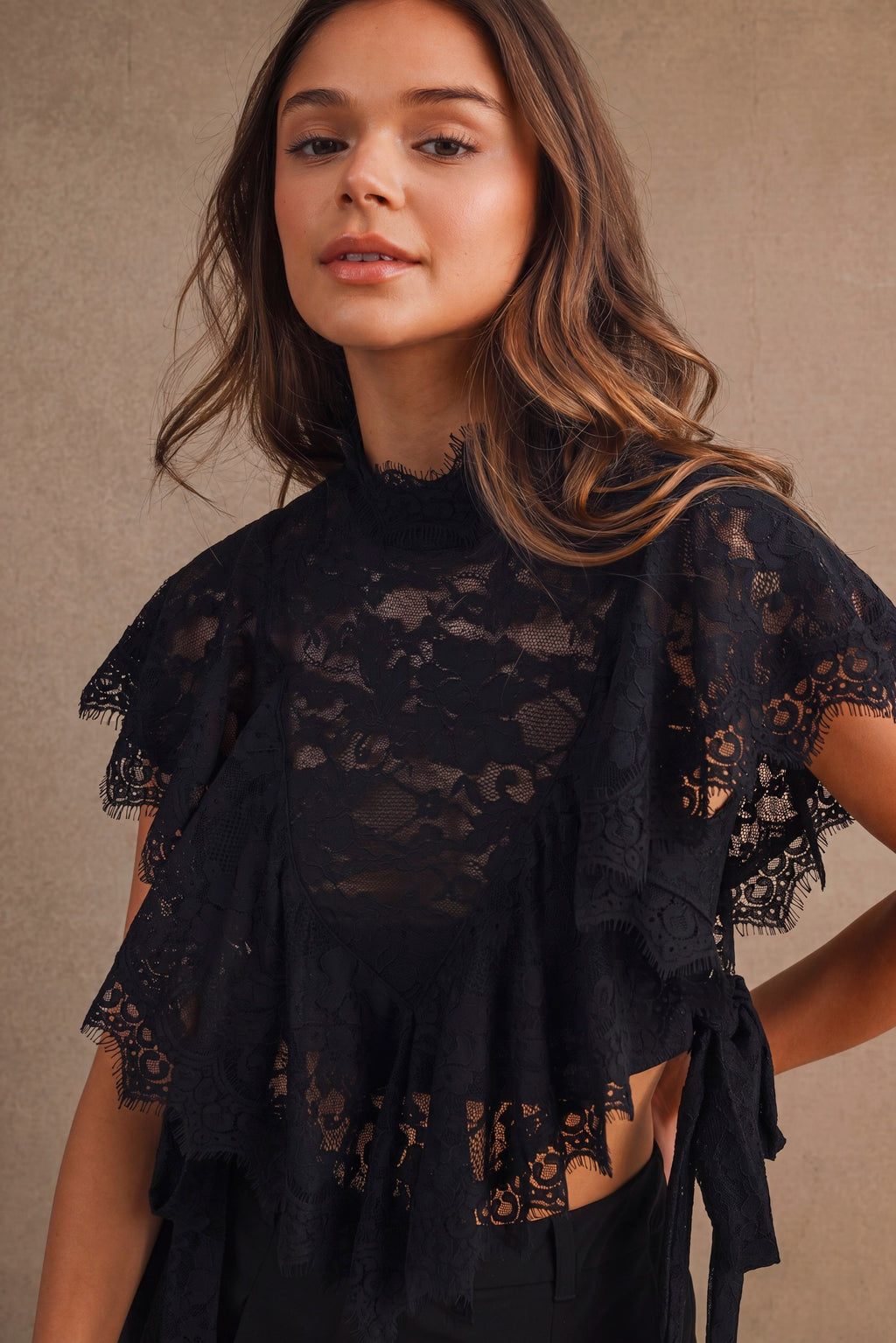 Sheer Floral Lace Cropped Blouse