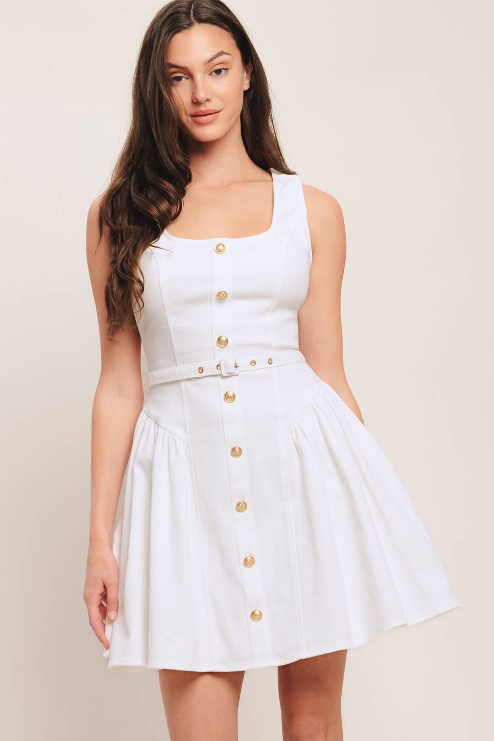 Sleeveless Mini Dress with Gold Button Detail