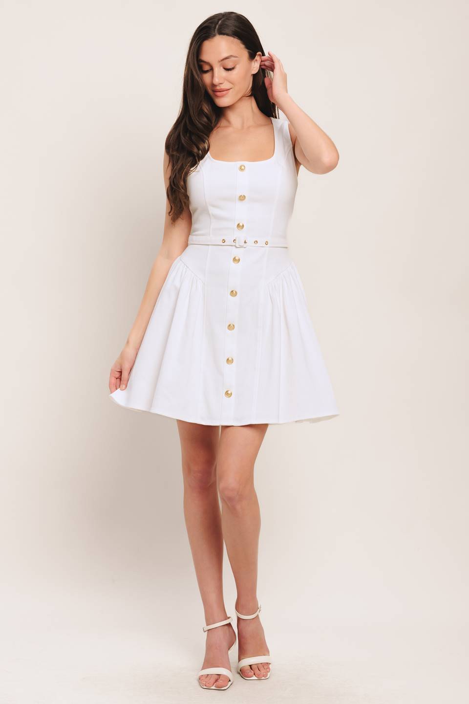Sleeveless Mini Dress with Gold Button Detail