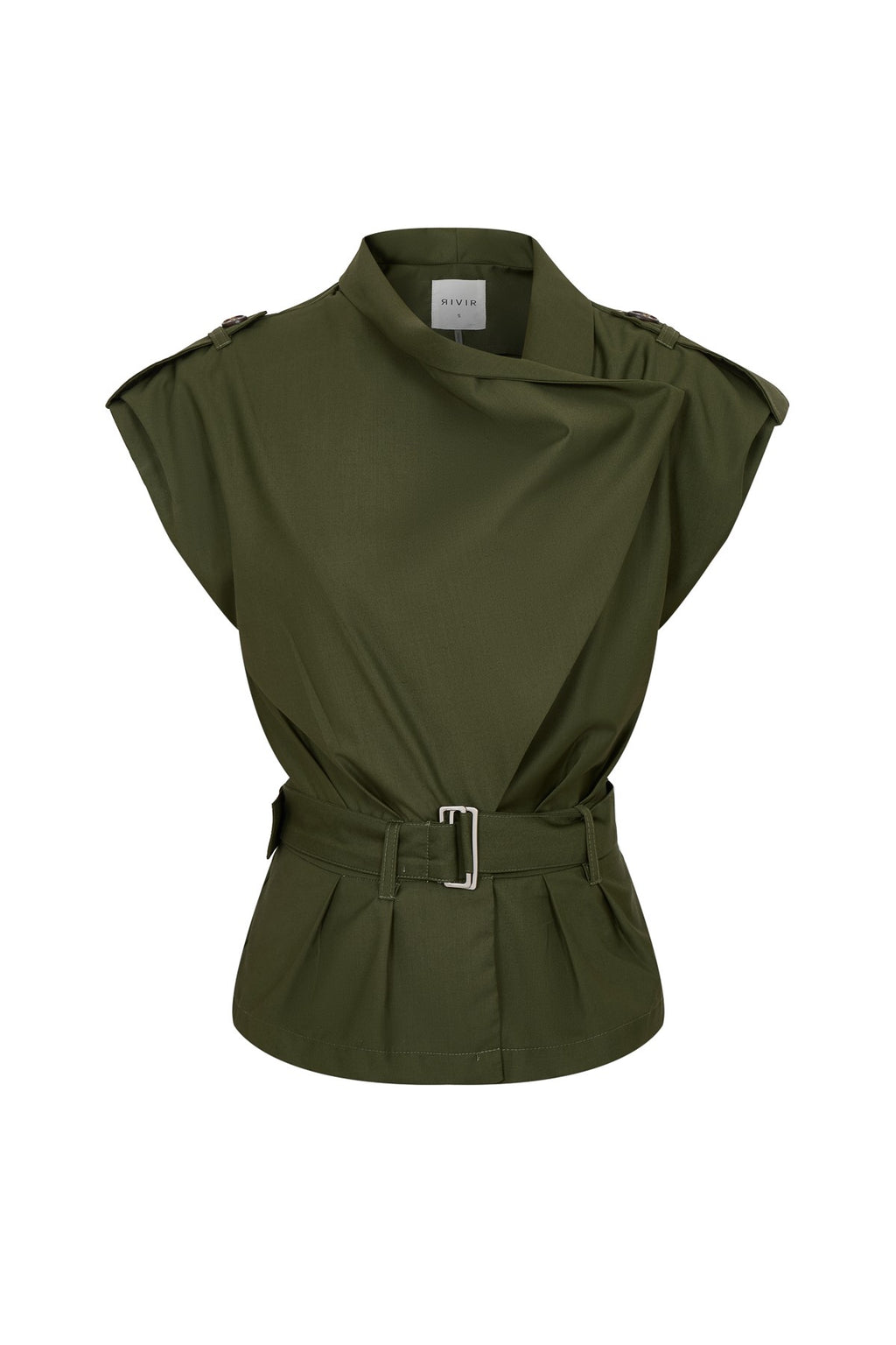 Sleeveless belted top with wide-leg draped pants