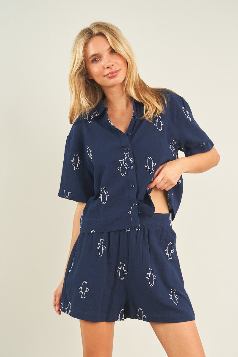 Fish Embroidery Shirt and Shorts Set