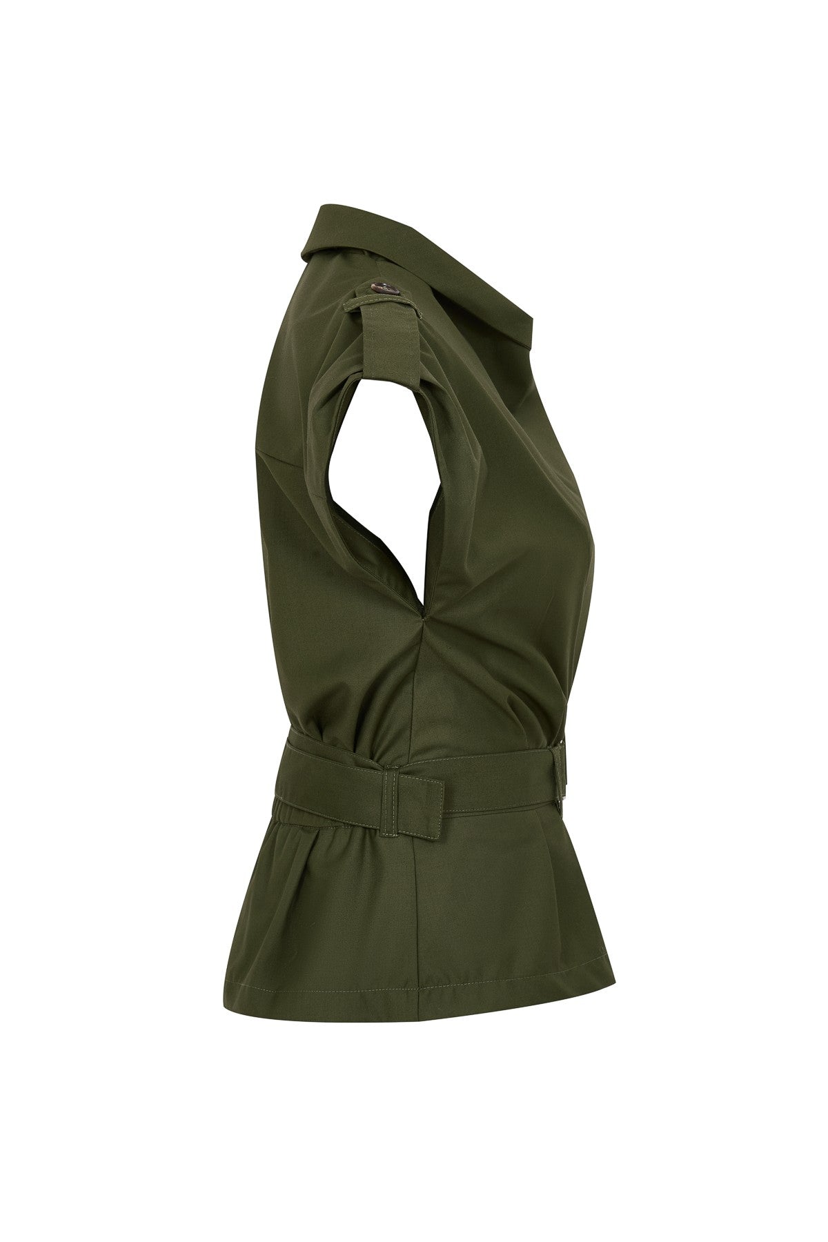 Sleeveless belted top with wide-leg draped pants