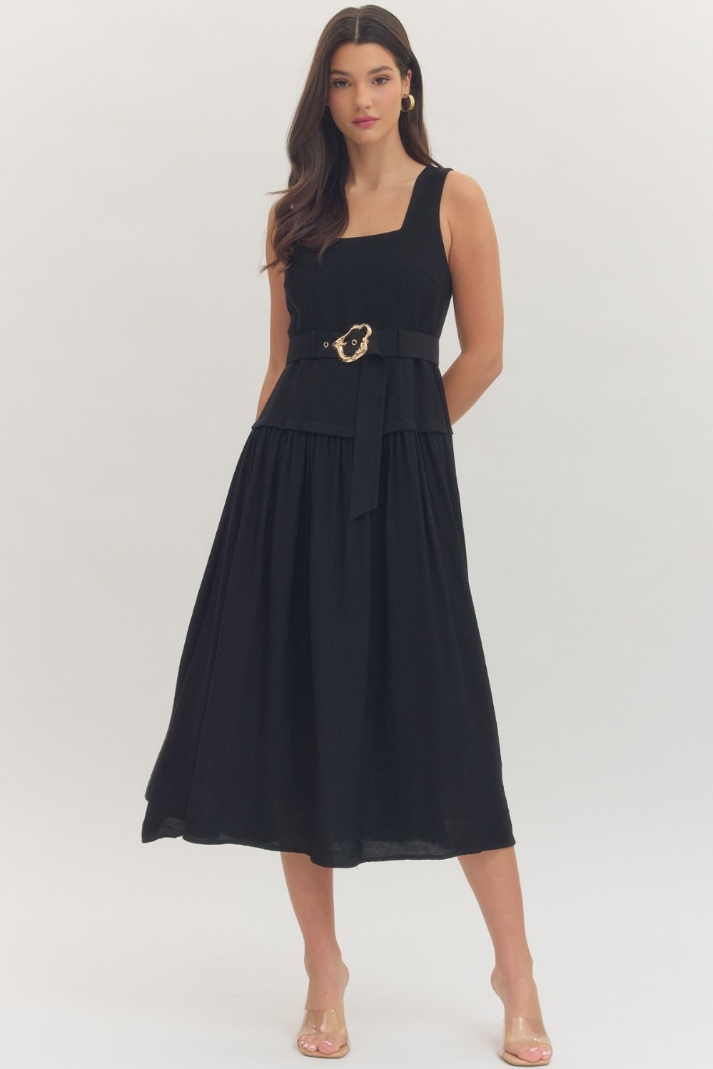 Black Sleeveless Midi Dress With Gold Buckle Belt